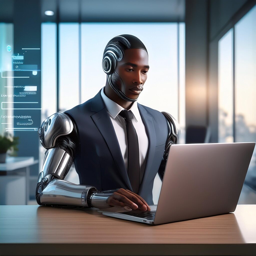 An AI customer service rep humanoid representing the idea of artificial intelligence impact in the insurance industry.