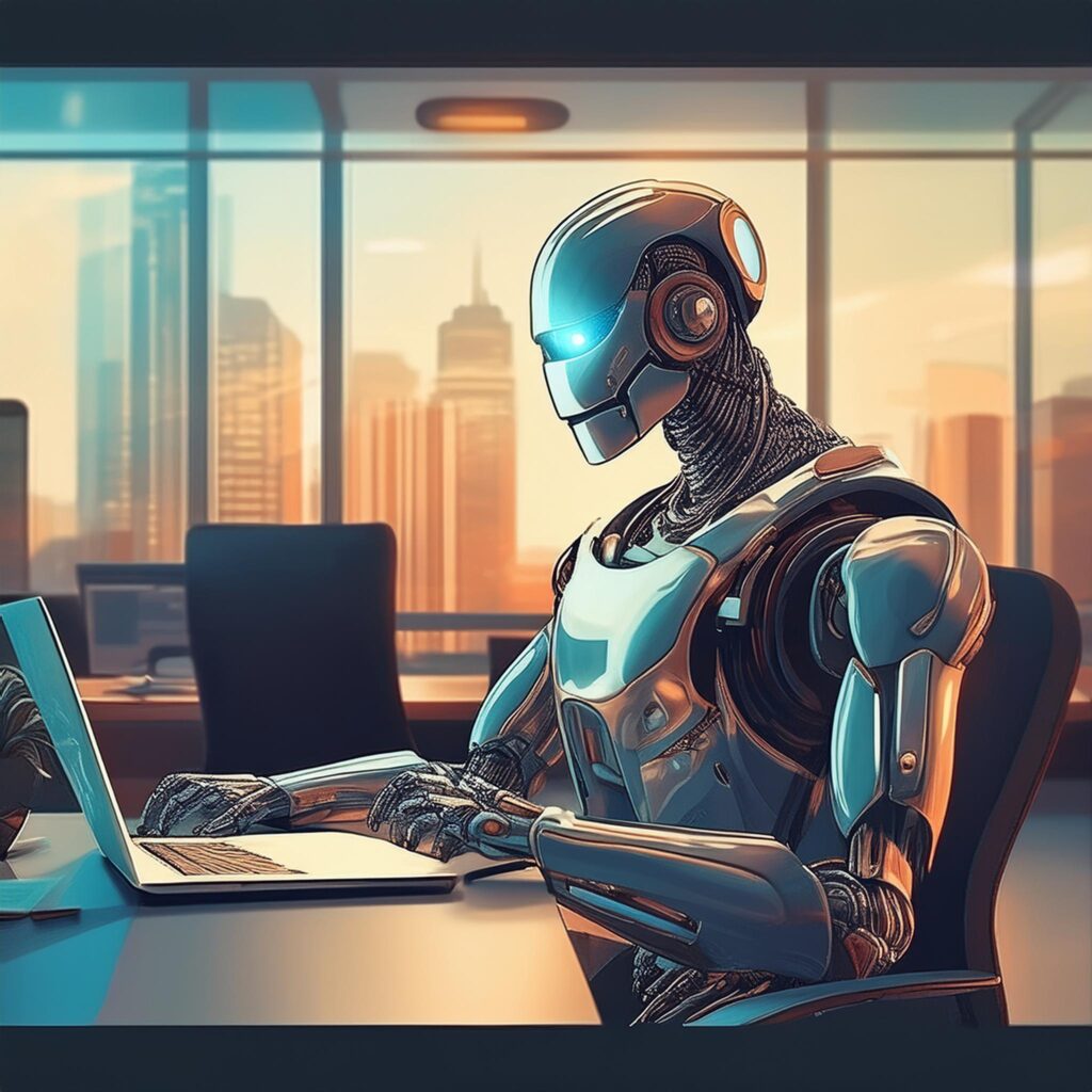 a picture of a robot ai sitting at a desk in an office with a laptop opened in front of them